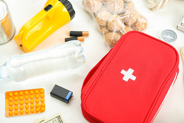 Necessities for emergency bag on white background, closeup - Photo, image