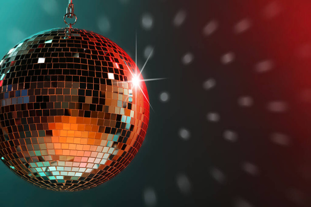 Shiny bright disco ball under color lights, space for text - Foto, afbeelding