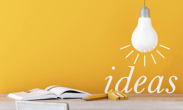 light bulb with glowing rays, with book learning, cartoon style, stationery, symbol of creativity, doodles concept, innovation, inspiration, invention and idea, 3d rendering on yellow background - Foto, afbeelding