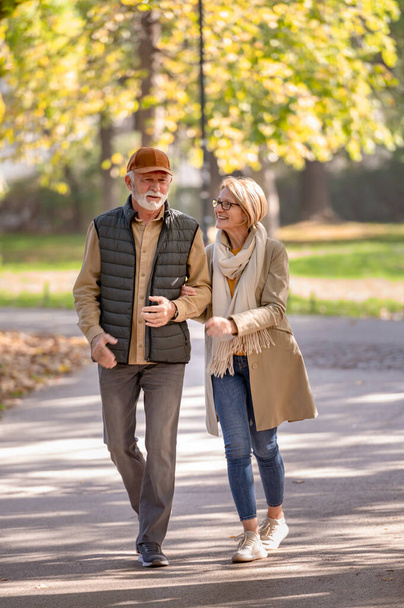 Seniorenpaar spaziert im Herbstpark - Foto, Bild
