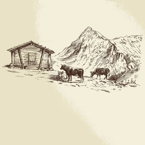cows in mountains - Vector, Image