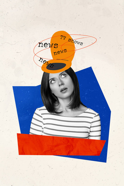 Poster banner collage of shocked young lady overwhelmed with chaos television newspaper news around. - Fotoğraf, Görsel