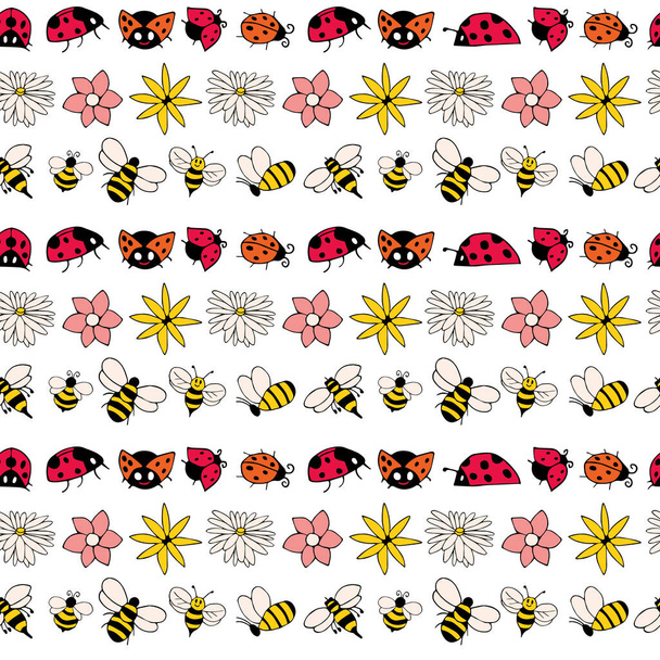 White Ladybugs and Bees seamless pattern background. Summer pattern with flowers and bugs. Doodle bugs pattern. Summer floral pattern background - Vector, imagen