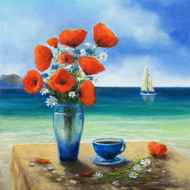 Pintura a óleo original de vaso bonito ou tigela de flores frescas. Papoila ópio (Papaver somniferum) e margaridas na frente de se - Foto, Imagem