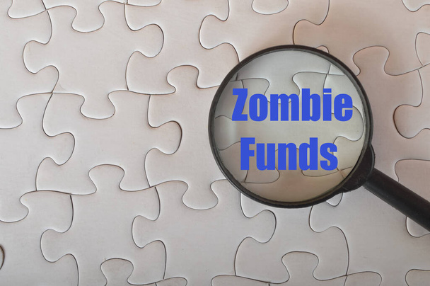 Увеличительное стекло с текстом ZOMBIE FUNDS.A фонд зомби (более формально известный как закрытый фонд) является разговорным выражением для некоммерческого фонда страхования жизни, который закрыт для нового бизнеса. - Фото, изображение