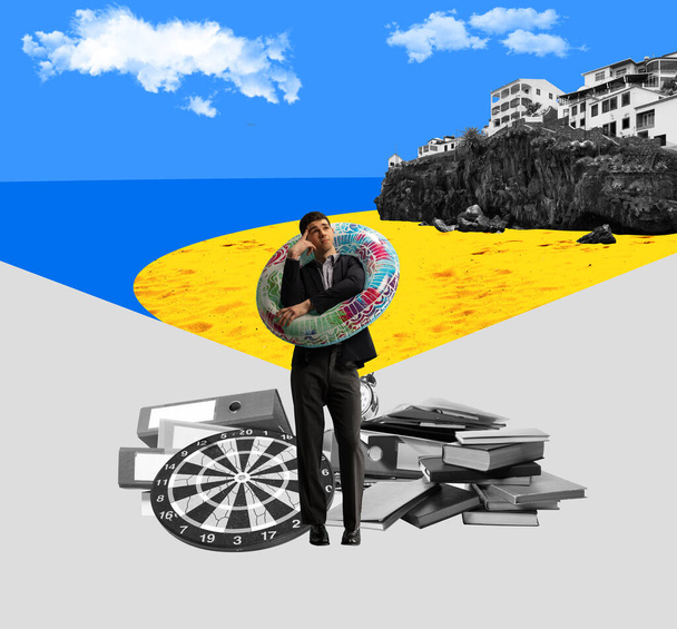 Businessman standing in swimming circle and formal wear, dreaming about going on summer holidays. Contemporary art collage. Concept of business and vacation, inspiration, surrealism. Creative design - Fotografie, Obrázek