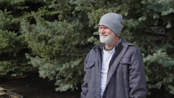 portrait d'un homme âgé aux cheveux gris coiffé d'une hache pour le bois de chauffage à la main fond d'épinette verte - Séquence, vidéo
