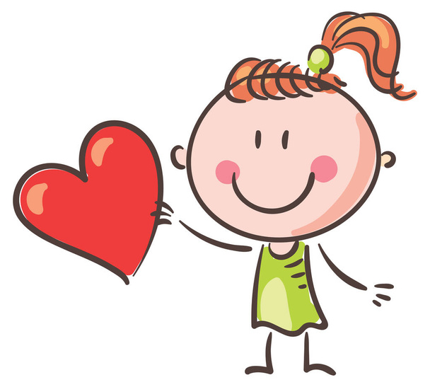 Karikatür gülen kız kalp tutuyor, sevgililer günü klibi, mutlu çocuk vektör klibi illüstrasyonu - Vektör, Görsel