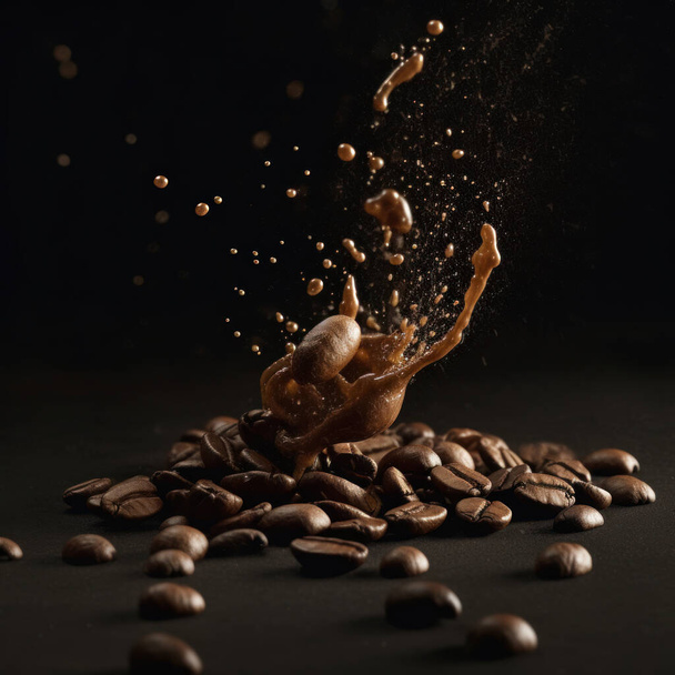 Brown Roasted Coffee Beans Closeup On Black Background. - 写真・画像