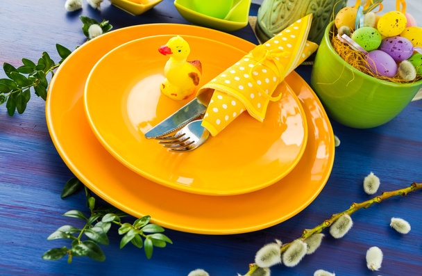 Easter table setting yellow duck - Фото, зображення