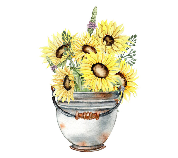 Watercolor composition with sunflowers and old rusty garden tools. Hand drawn illustration of summer. Perfect for scrapbooking, kids design, wedding invitation, posters, greetings cards. - Photo, Image