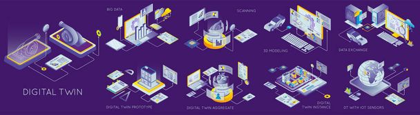Digital twin types process of scanning and data exchange isometric set isolated on color background 3d vector illustration - Vector, Image