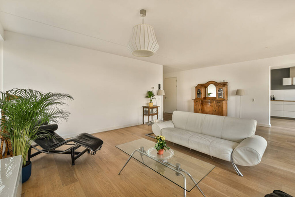 egy nappali fa padlóval és fehér kanapéval a szoba közepén egy üveg dohányzóasztal - Fotó, kép