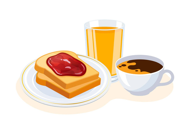 Breakfast with toasted bread, cup of coffee and glass of orange juice vector illustration. Toasted bread with jam drawing. Sweet breakfast still life vector on a white background - Vector, Image