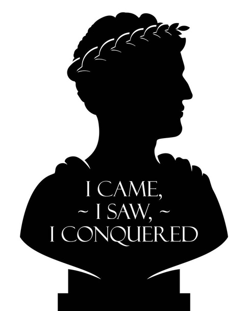 Сломанная статуя Цезаря с I Came, I Saw, I Conquered phrase. Иллюстрация вектора силуэта на белом фоне. - Вектор,изображение