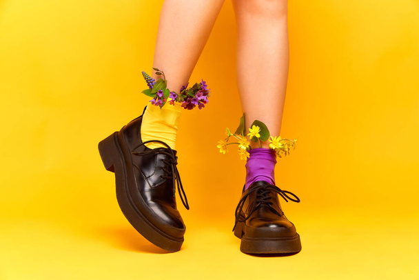 野の花。黄色のスタジオの背景の上に花と黒のブーツとマルチカラーの靴下を身に着けている柔らかい女性の足の肖像画を閉じます。開花期、美しさ、芸術、創造性の概念 - 写真・画像