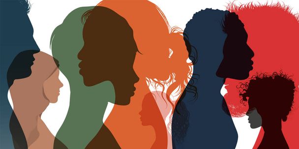 Silhouette profile group of men women and girl of diverse culture. Diversity multi-ethnic and multiracial people. Racial equality and anti-racism. Multicultural society. Friendship - Vector, Image