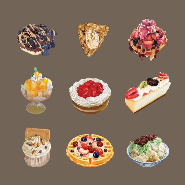 Set of delicious sweets and desserts with watercolor vector illustration. - Vector, Image