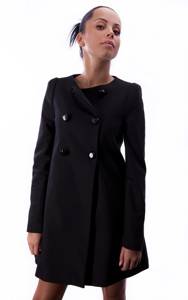 Elegant fashionable brunette woman on black dress. - Fotó, kép