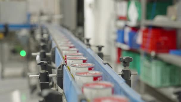 Konserve gıda üretim tesisinde hızlı bir taşıyıcı banttaki domates sosu kutuları. - Video, Çekim