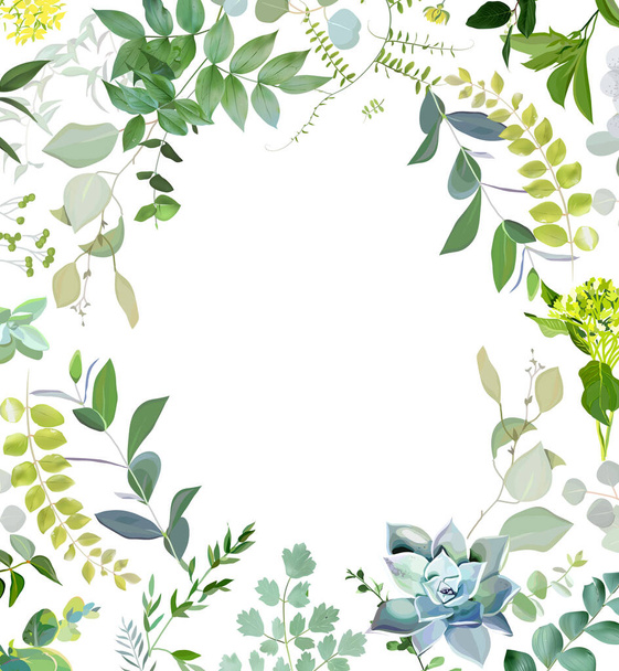 Greenery and echeveria succulent vector design round invitation frame. Rustic wedding template. Mint, blue, sage, green tones. Watercolor save the date card. Summer rustic style. Isolated and editable - Vector, Image