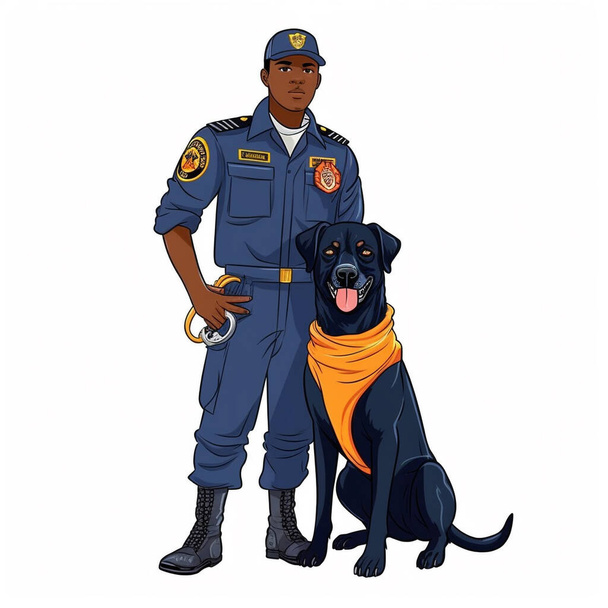 Üniforma giyen, gülümseyen, yanında canlı renklerle hizmet köpeği olan bir kurtarma görevlisi. Görüntü beyaz bir arkaplanda izole edilmiştir. İnsanlar ve hayvanlar arasındaki ilişkiyi gösteriyor..  - Fotoğraf, Görsel