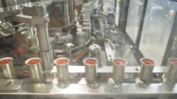 Контейнеры с томатным соусом на конвейере в консервной фабрике - Кадры, видео