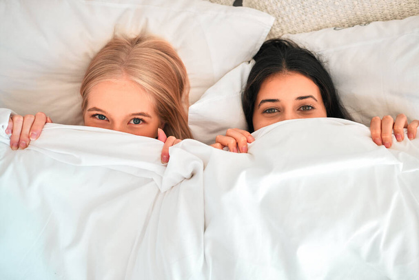 Above, portrait and women covering with blanket for hiding, shy and cold in a bed. Sleep, relax and friends with a duvet to cover face for happiness, funny and warmth in the bedroom together. - Foto, Imagem