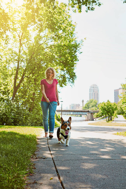 Dogs need their daily exercise too. an attractive young woman walking her dog in the park - Foto, afbeelding