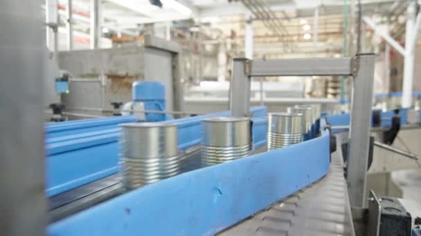 Tomato sauce cans on a fast conveyor belt in a canned food production facility - Footage, Video