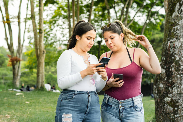two latina friends in the park, strolling while looking at their cell phones - Foto, immagini