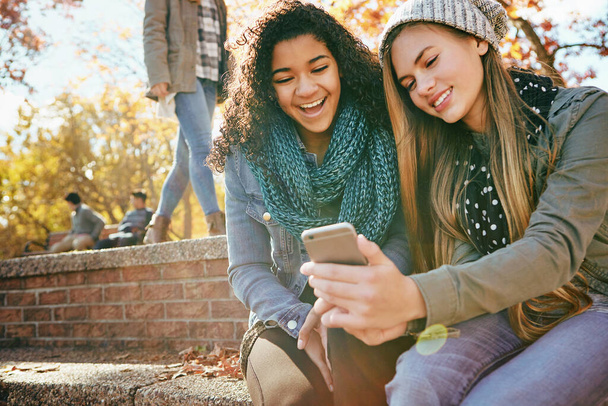 ¿Le pongo un filtro a esta selfie? dos jóvenes amigos pasando el rato juntos afuera en un día de otoño - Foto, imagen