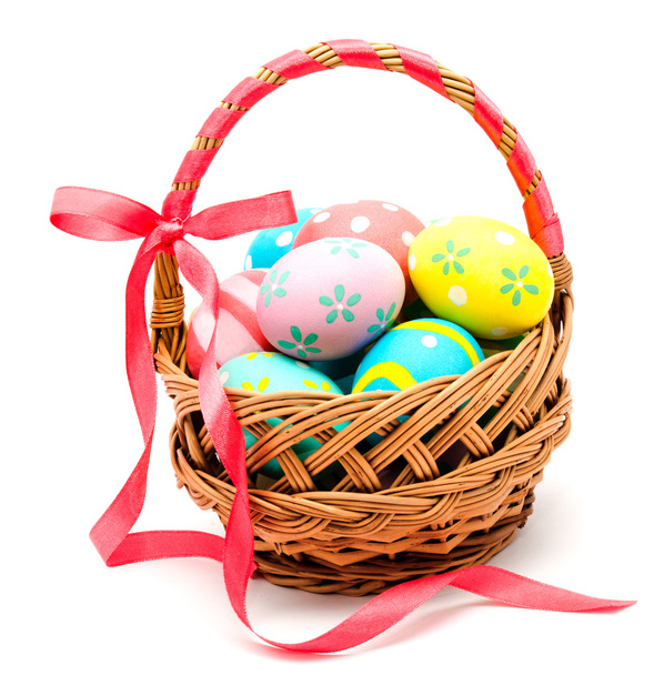 Colorful handmade easter eggs in the basket isolated - Fotoğraf, Görsel