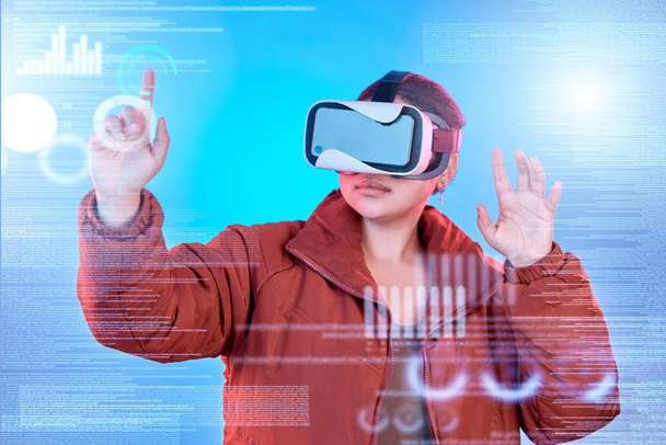 3d, woman or virtual reality glasses with overlay for digital transformation, charts info or graphs online. Girl hacker with vr headset in holographic cyber technology for big data ux or future news. - Photo, Image