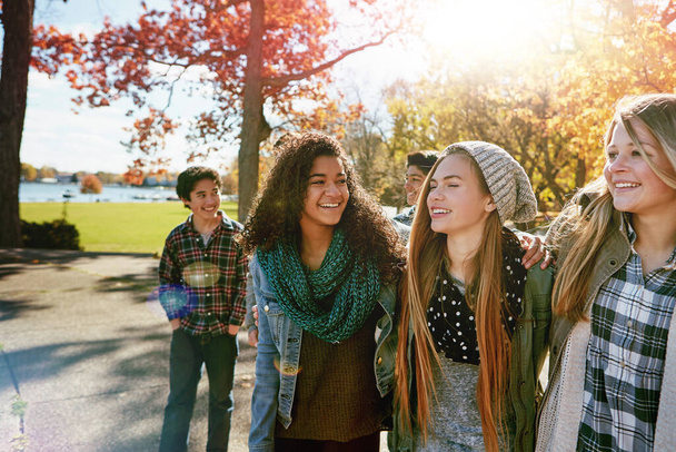 Friends till the end. a group of teenage friends enjoying an autumn day outside together - Photo, Image