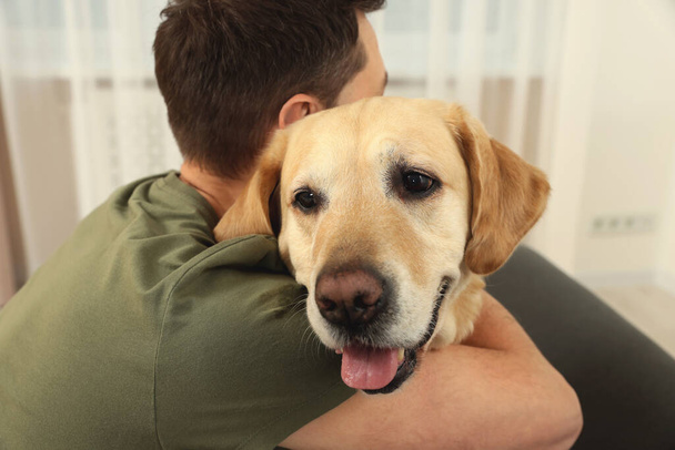 Man hugging his cute Labrador Retriever at home, back view - Zdjęcie, obraz