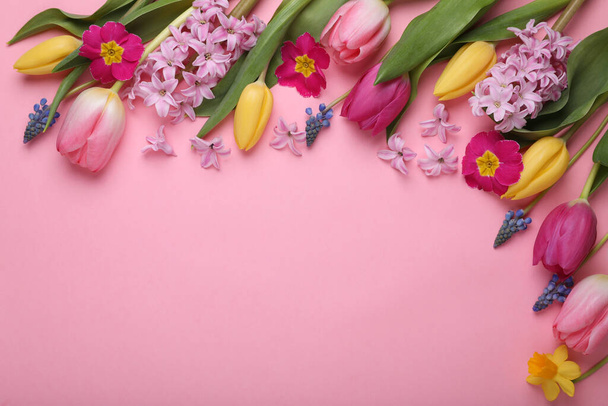 Beautiful different flowers on pink background, flat lay. Space for text - Fotoğraf, Görsel