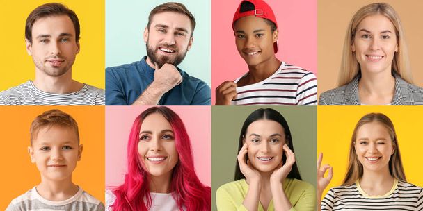 Collage of beautiful people on color background - Φωτογραφία, εικόνα