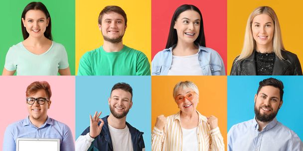 Collection of positive people on color background - Photo, Image