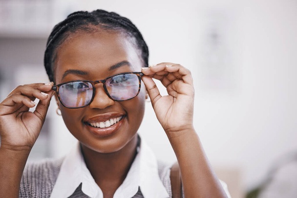 Vision, mockup and portrait of happy woman with glasses in clinic for eye exam, health and care for poor sight. Eyesight, face of girl holding designer brand frame and lens in hand for focus in eyes - Zdjęcie, obraz
