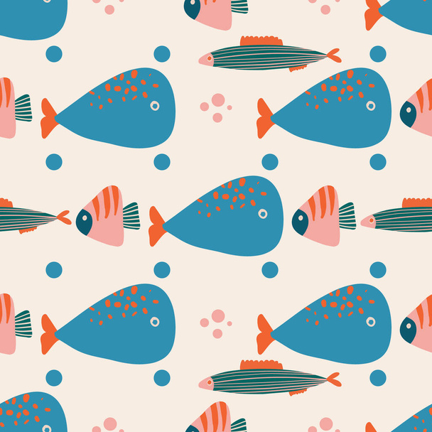 Векторный детский бесшовный плоский узор с нарисованными вручную рыбами. Детская текстура для ткани, обоев, текстиля, одежды. Море. Оушен. Рыбный узор. Аквариум - Вектор,изображение