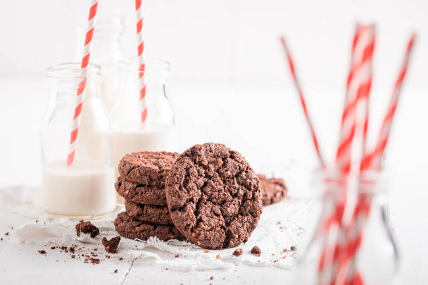 Tasty brown cookies made with chocolate and nuts. Chocolate cookies with milk. - Фото, зображення