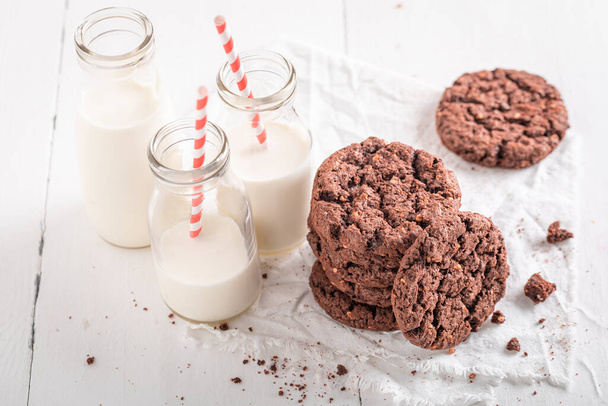 Crunchy brown cookies served with milk in bottle. Chocolate cookies with milk. - Photo, Image