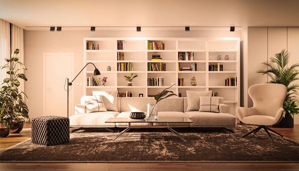 Large luxury modern bright interiors Living room mockup banner illustration 3D rendering - Fotoğraf, Görsel