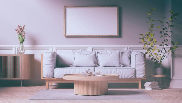 3d representación de una sala de estar escandinava con un sofá y una mesa. - Mock-up - Placeholder - aspecto retro - Foto, Imagen