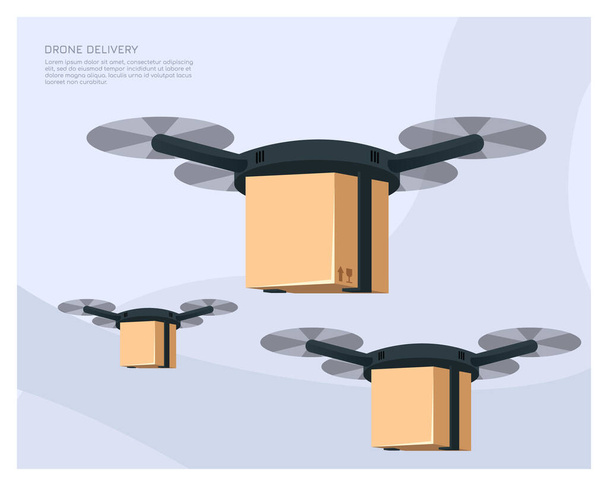 Drón szállítási koncepció, Gyors szállítás, Automatizált quadcopter repül a térkép felett, és a szállítás. Weboldal, alkalmazás tervezés - Vektor, kép
