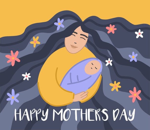 αφίσα της ημέρας της μητέρας που απεικονίζει μια γυναίκα με πολύ μακριά μαλλιά να κρατά ένα μωρό στα χέρια της. Αφίσα για την ημέρα της μητέρας επίπεδου στυλ. - Διάνυσμα, εικόνα