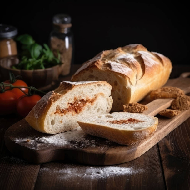 Appetizing cutting of ciabatta on a cutting board on the table. - Photo, image
