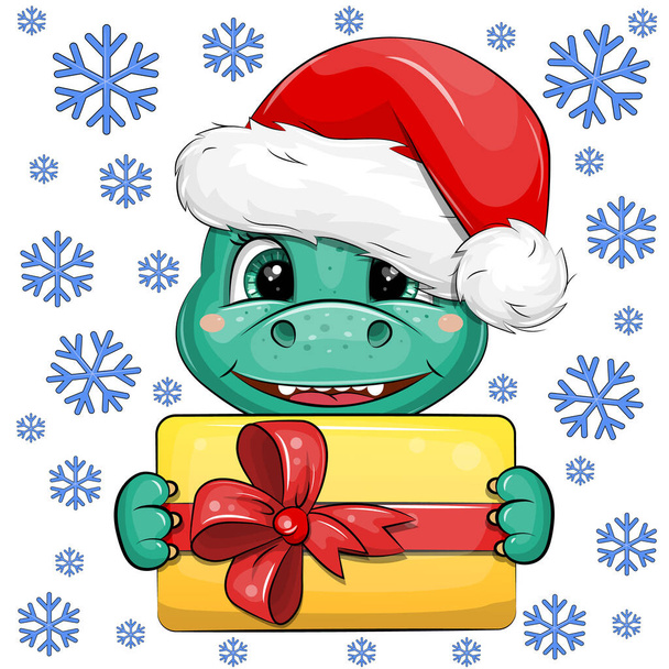 Dragão verde bonito desenhos animados em chapéu de Santa segurando um presente de Natal. Ano Novo ilustração do vetor animal no fundo branco com flocos de neve azuis. - Vetor, Imagem