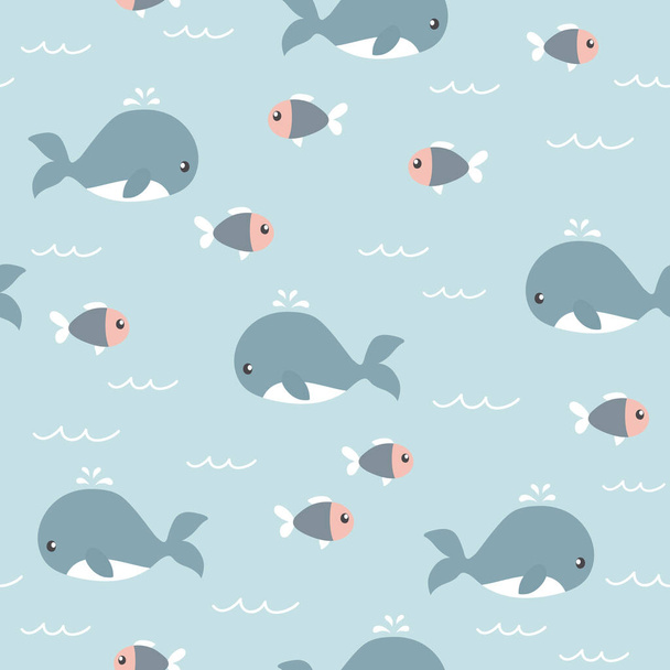 Naadloos patroon met leuke cartoon walvis en vis. Zeedieren op blauwe achtergrond. - Foto, afbeelding